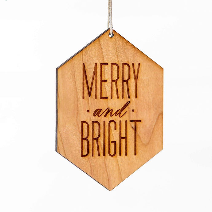 Merry and Bright Engraved Wooden Christmas Ornament